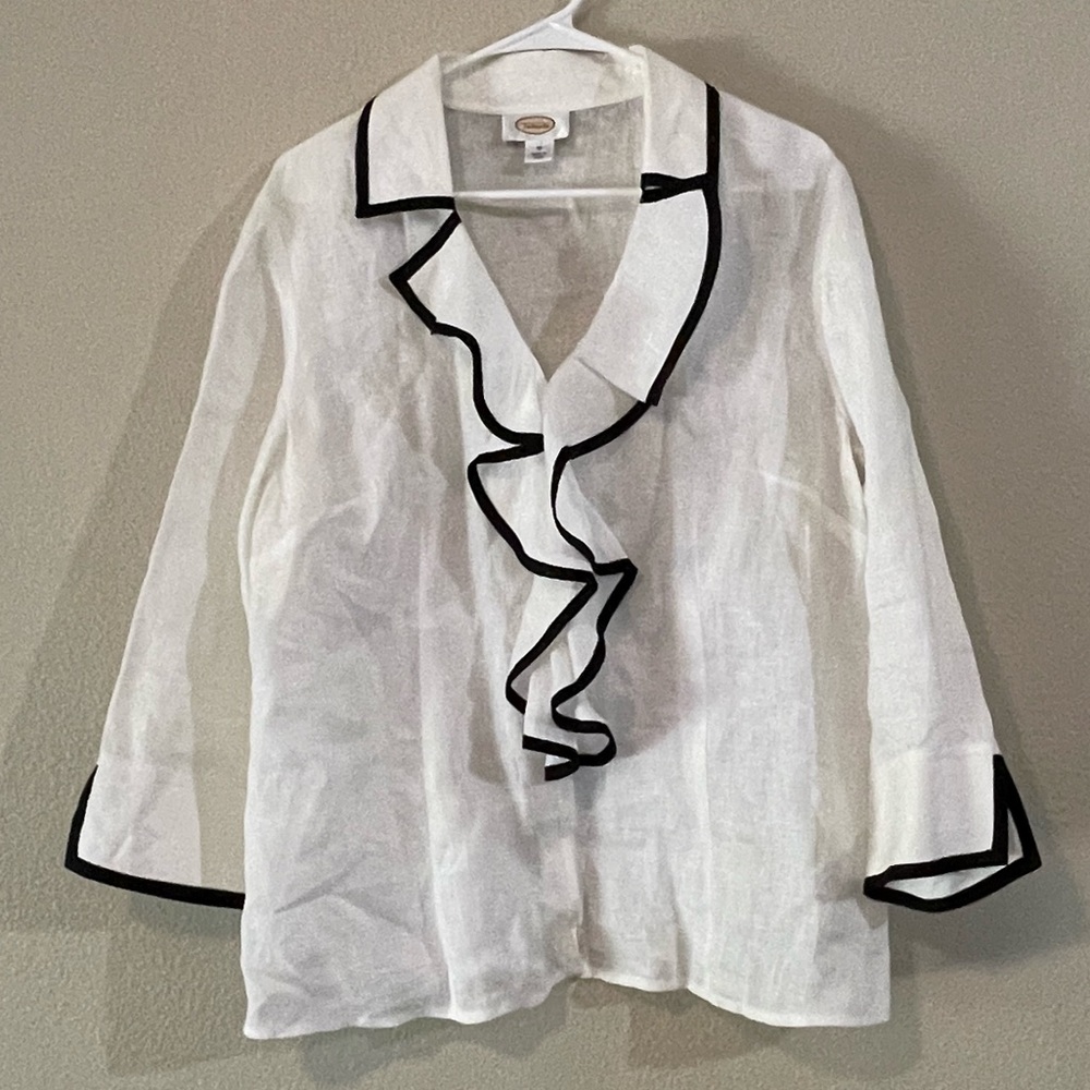 Talbots white linen blouse with black ruffle trim
